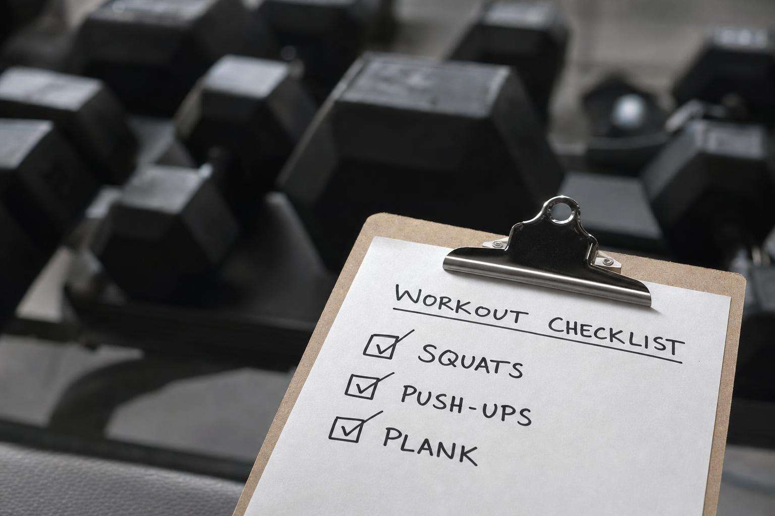Clipboard training plan with checked sessions beside dumbbells, no people