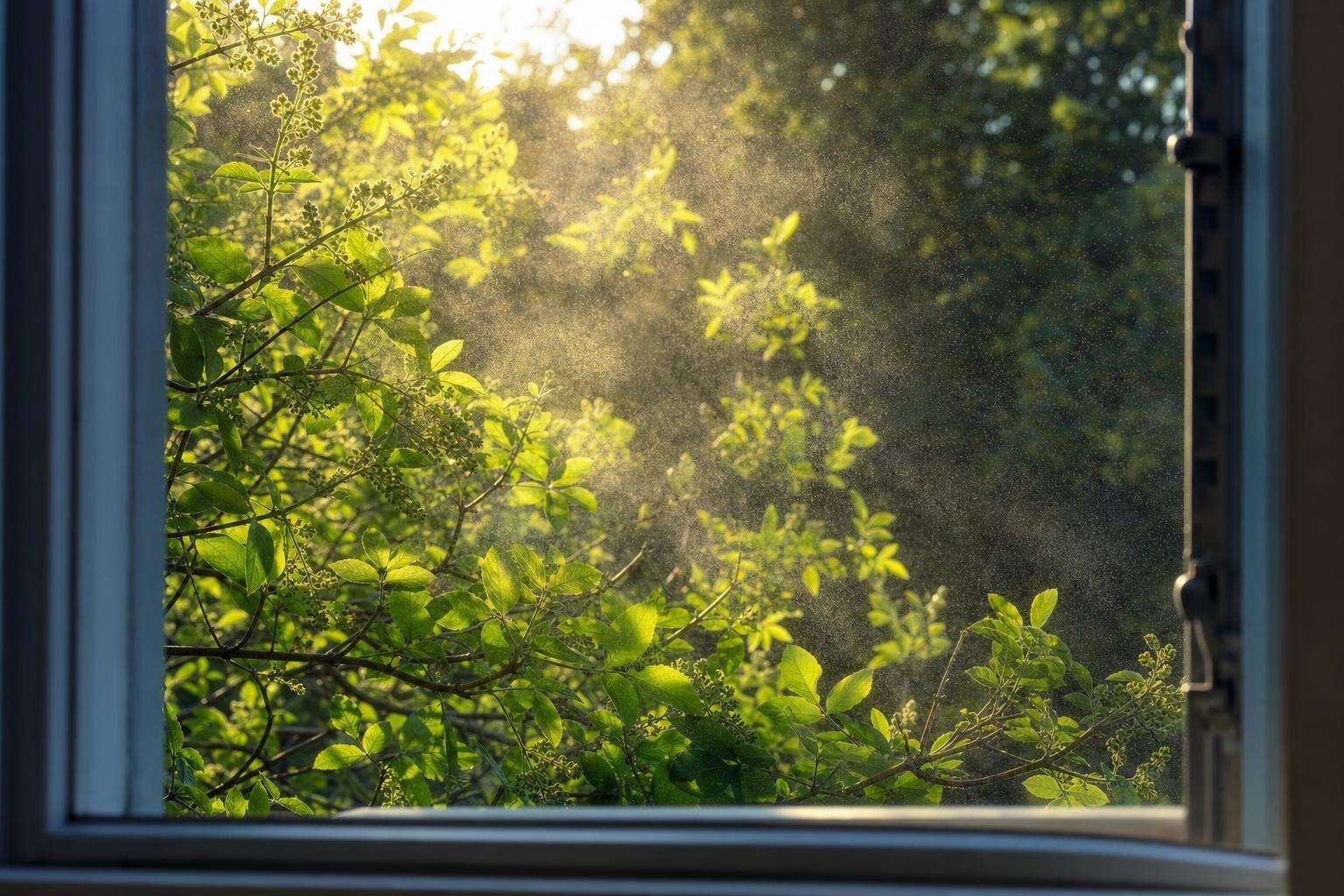 Pollen-dusted outdoor plants near an open window with soft light, no people
