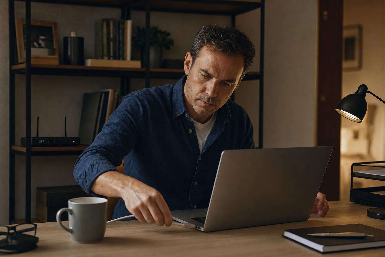 Smartphone on a nightstand far from a pillow, router in background, no people