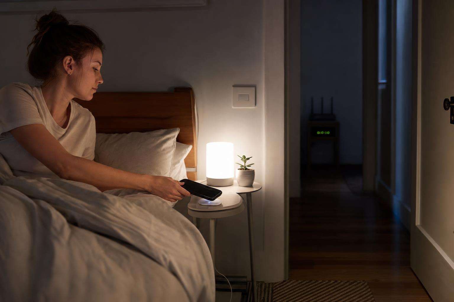 Phone on a nightstand far from a bed with an ethernet cable visible, no people