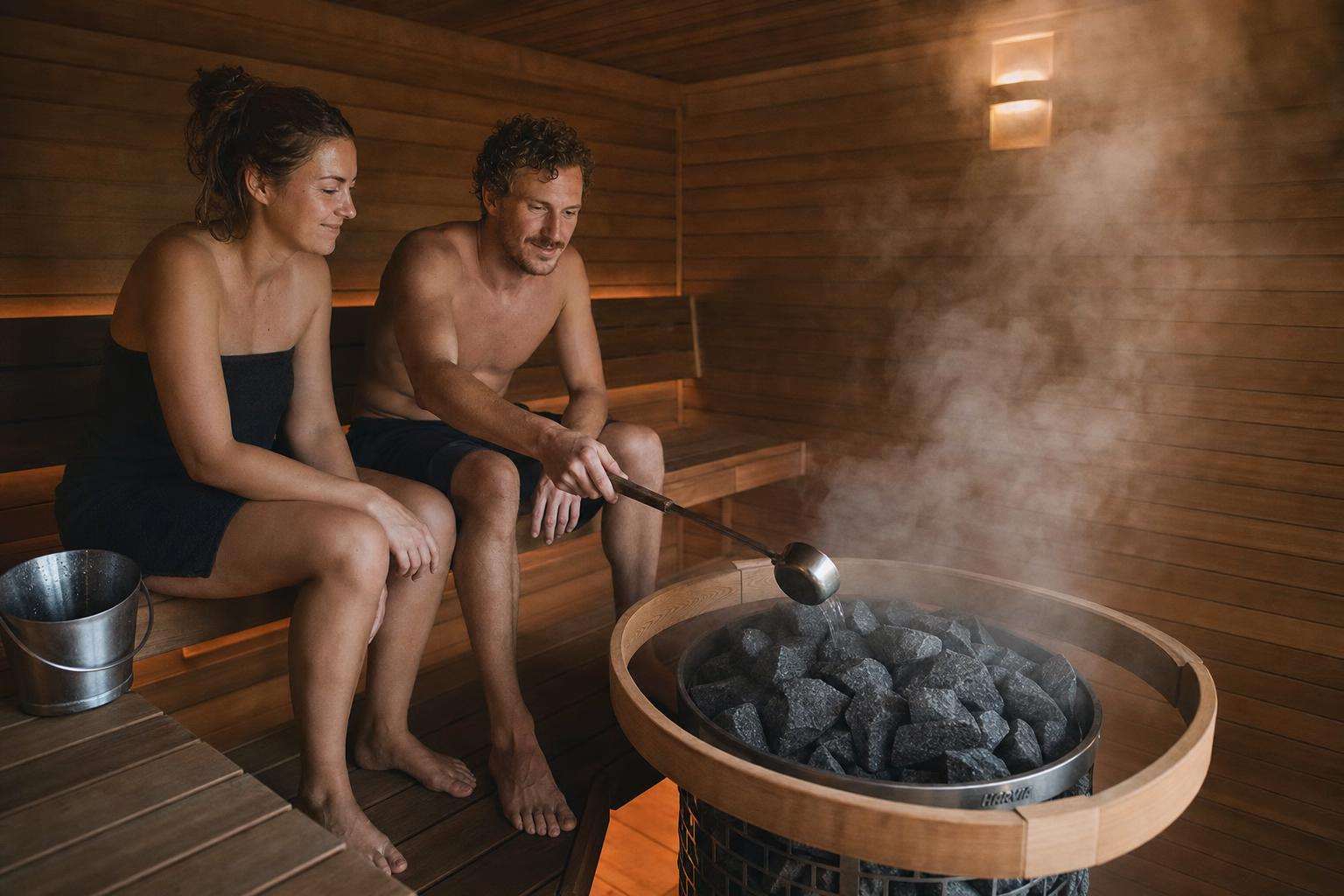 Traditional wooden sauna interior with stove rocks and soft steam light, no people