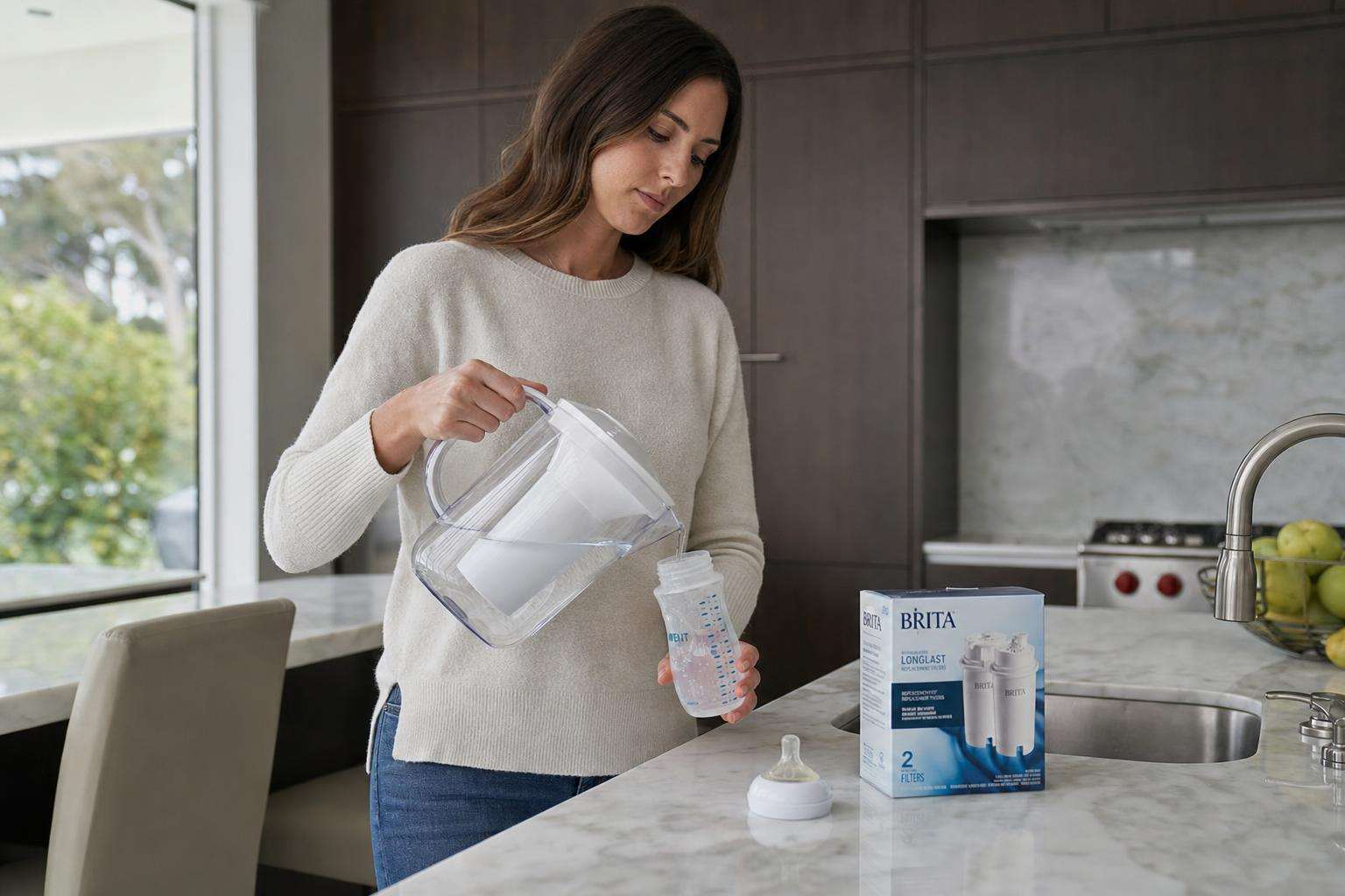Glass of tap water beside a water quality report on a kitchen counter, no people