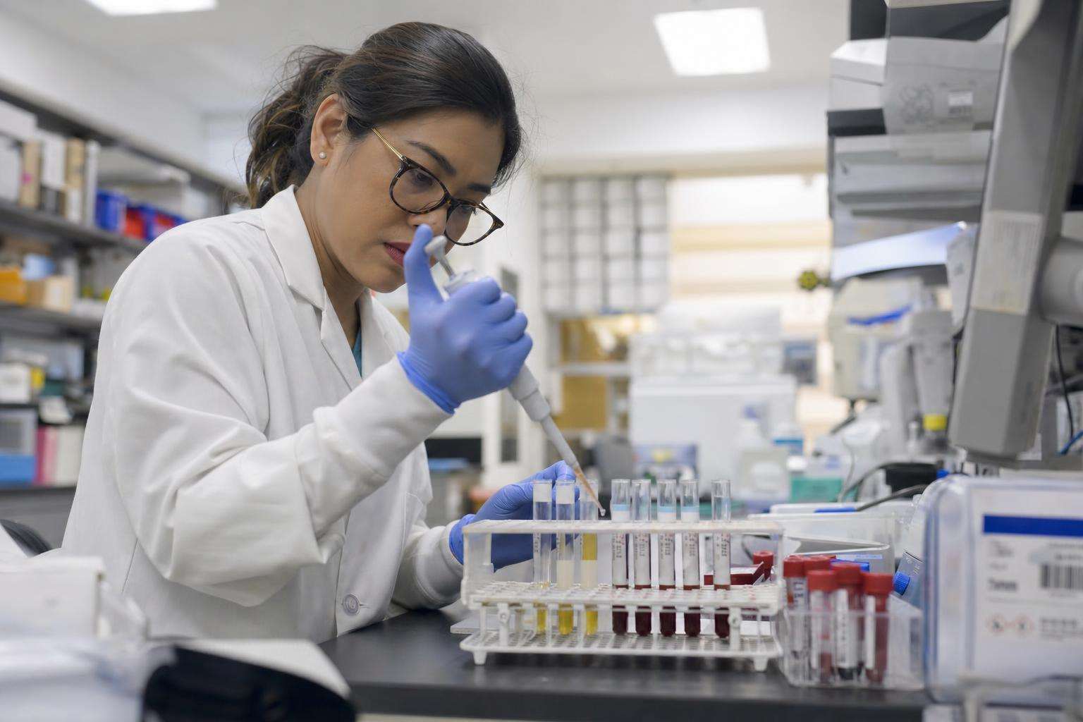 Blood test tubes labeled iron studies on a lab bench, no people