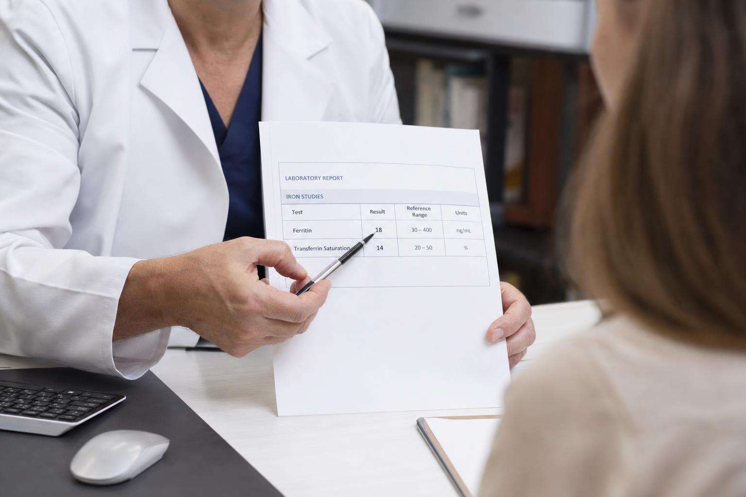 Lab report showing ferritin and iron studies on a desk with a pen, no people