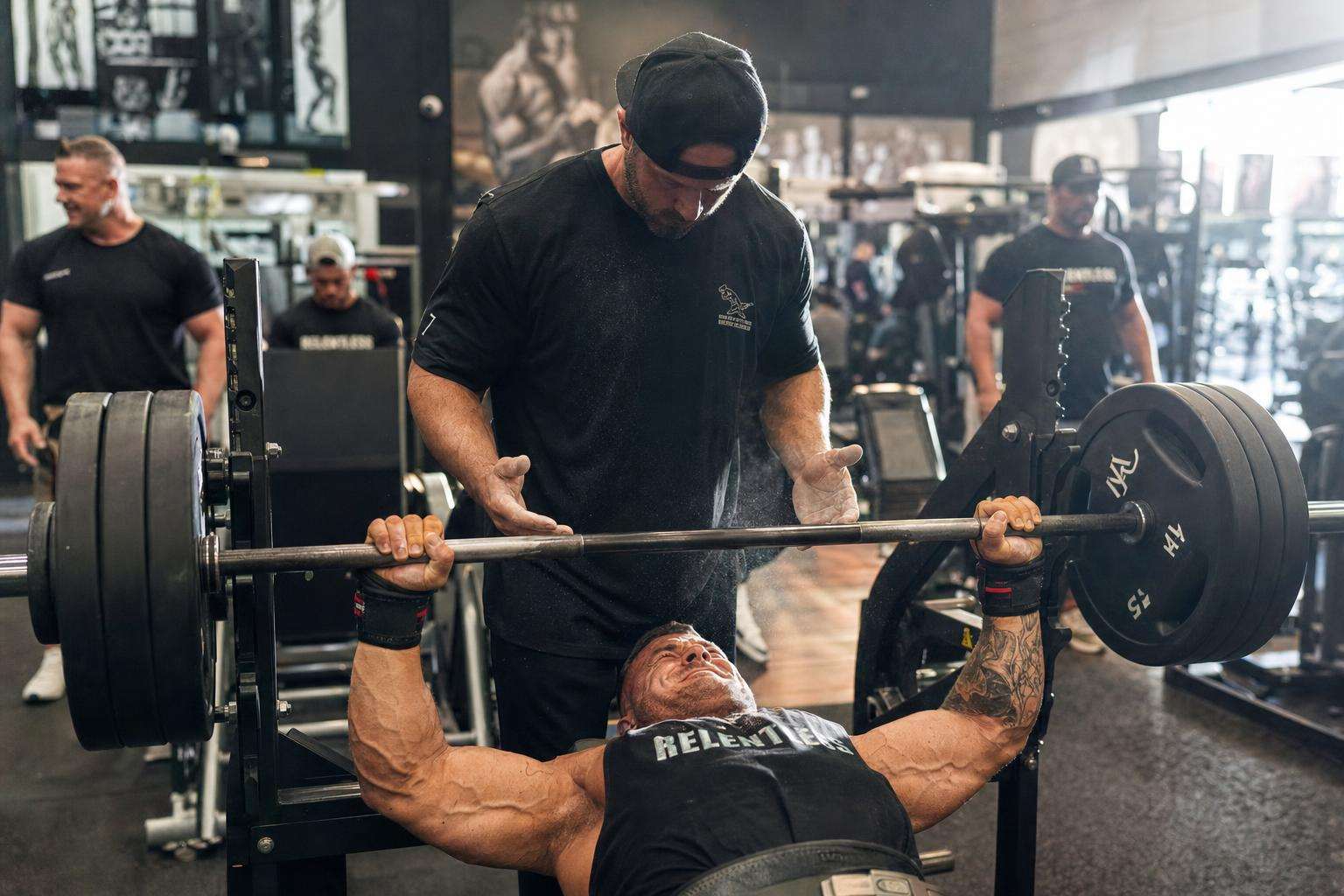 Loaded barbell on a rack in a quiet gym corner, no people
