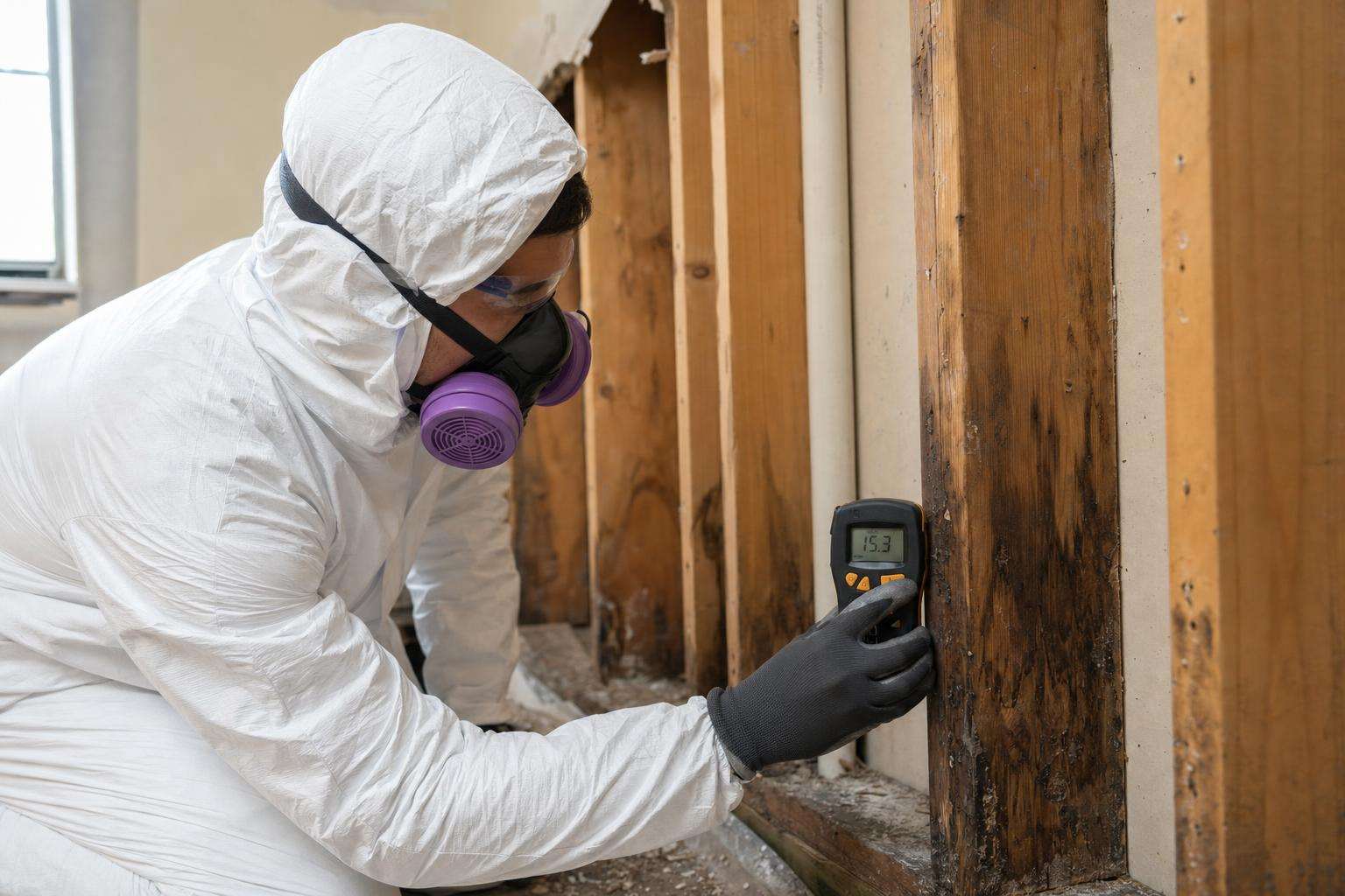Dehumidifier and moisture meter near a dry basement corner, no people or visible mold