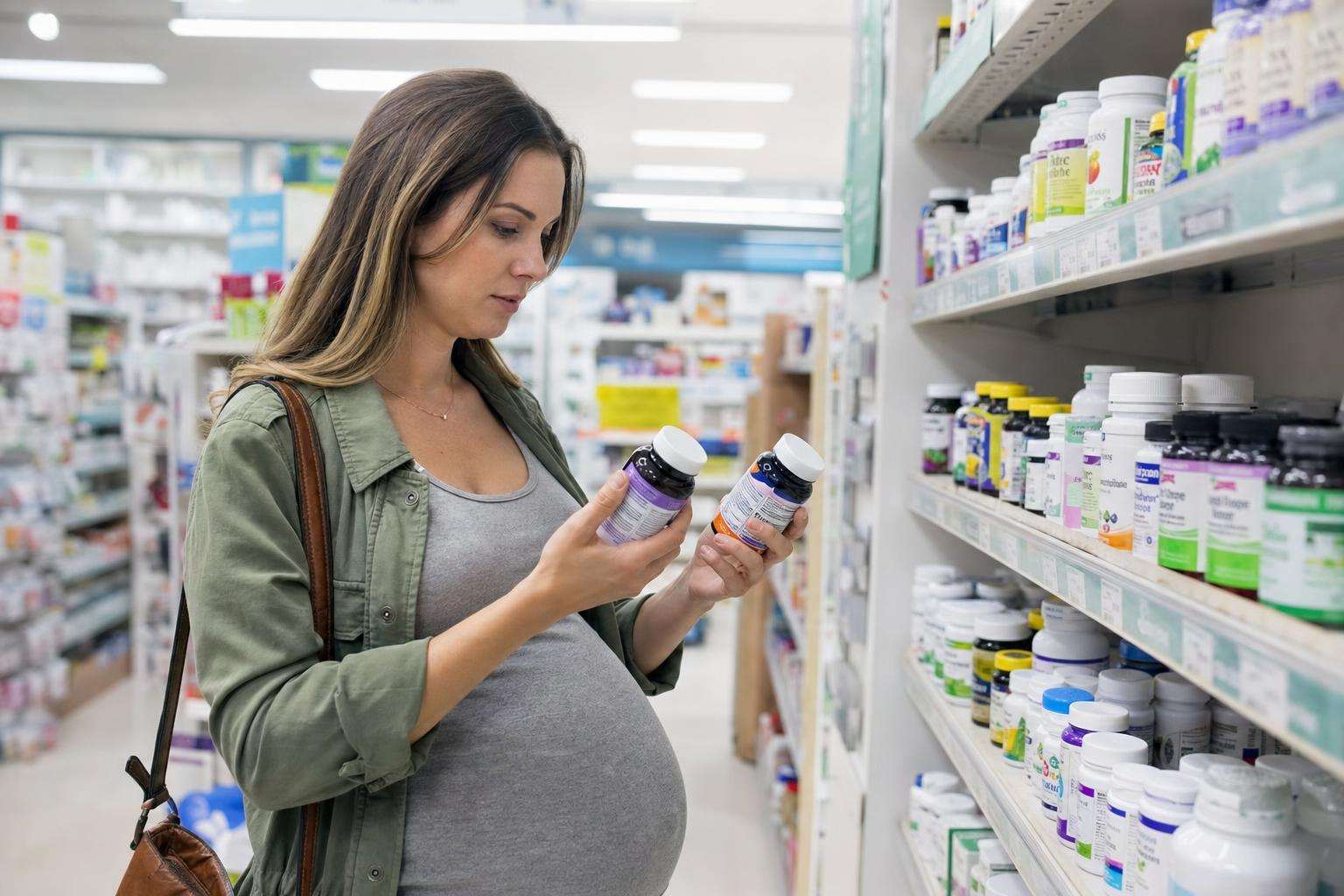 Leafy greens and a prenatal vitamin bottle on a table, no people