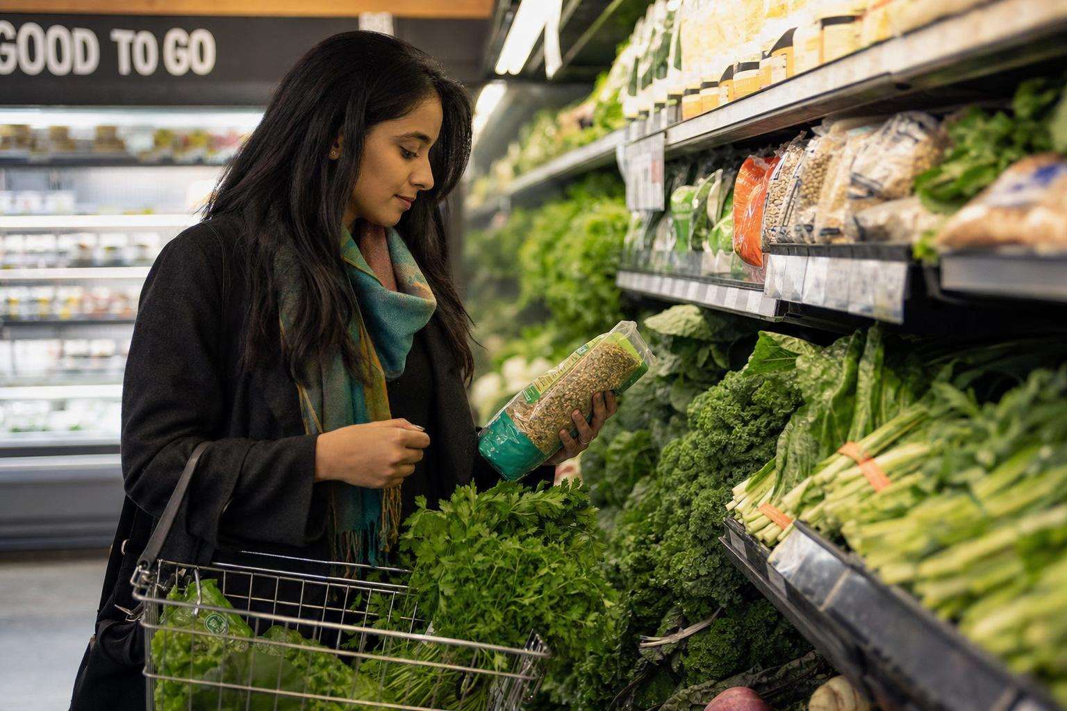 Leafy greens, lentils, and a prenatal vitamin bottle on a table, no people