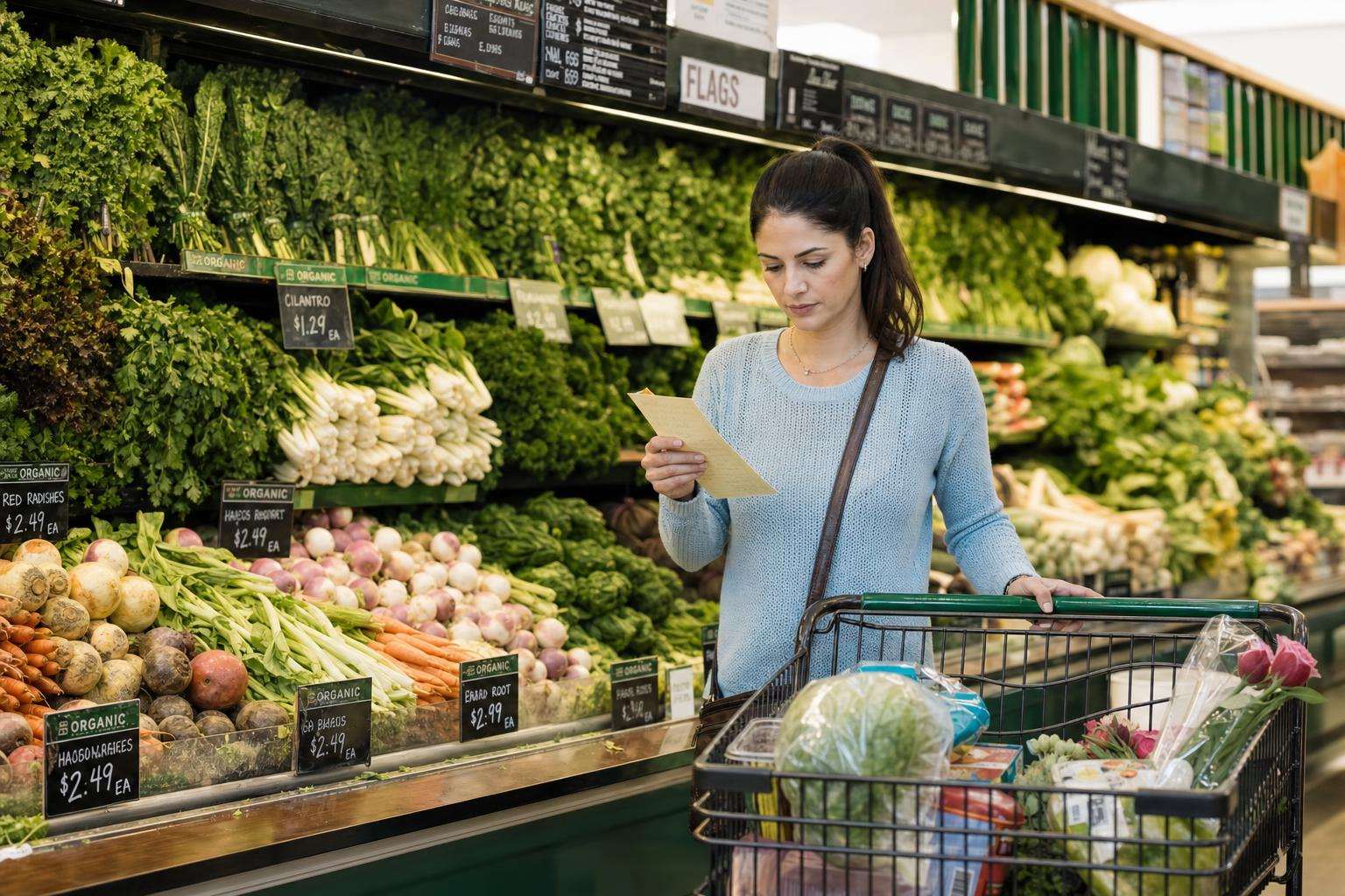 Grocery basket with mixed produce and a simple shopping list, no people
