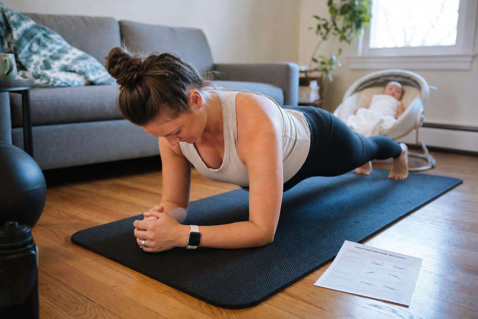 Dumbbells and a yoga mat in a bright home corner, no people