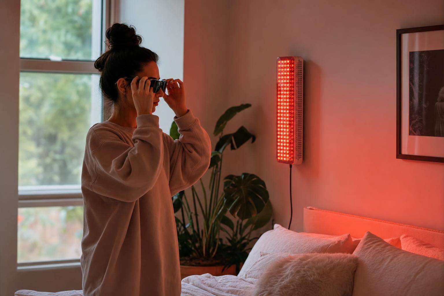 Red LED panel with protective goggles on a table, no people