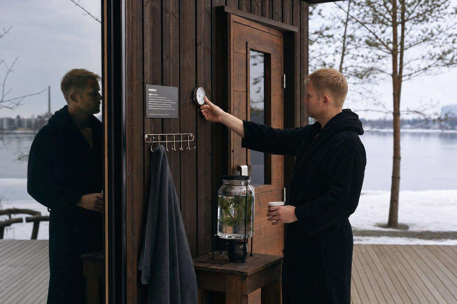 Wooden sauna interior with thermometer and water ladle, empty of people