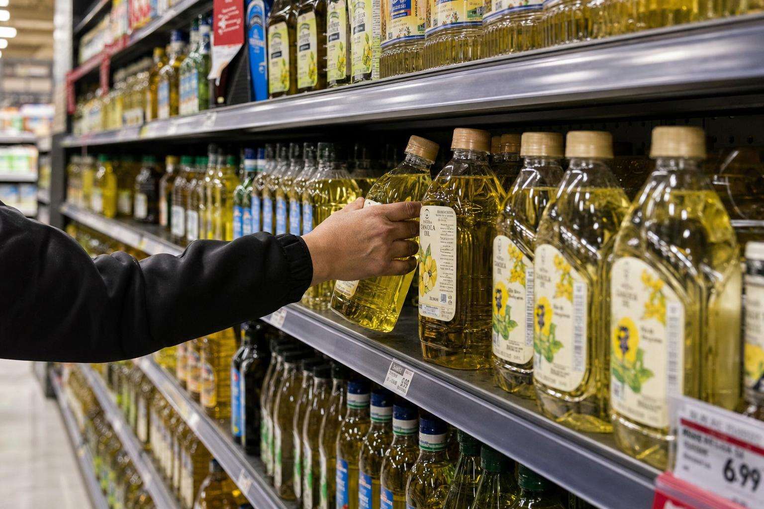 Bottles of olive oil and other cooking oils beside a skillet, no people