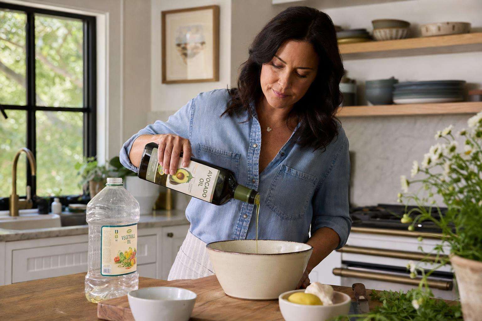 Bottles of olive oil and avocado oil beside whole foods on a kitchen counter, no people