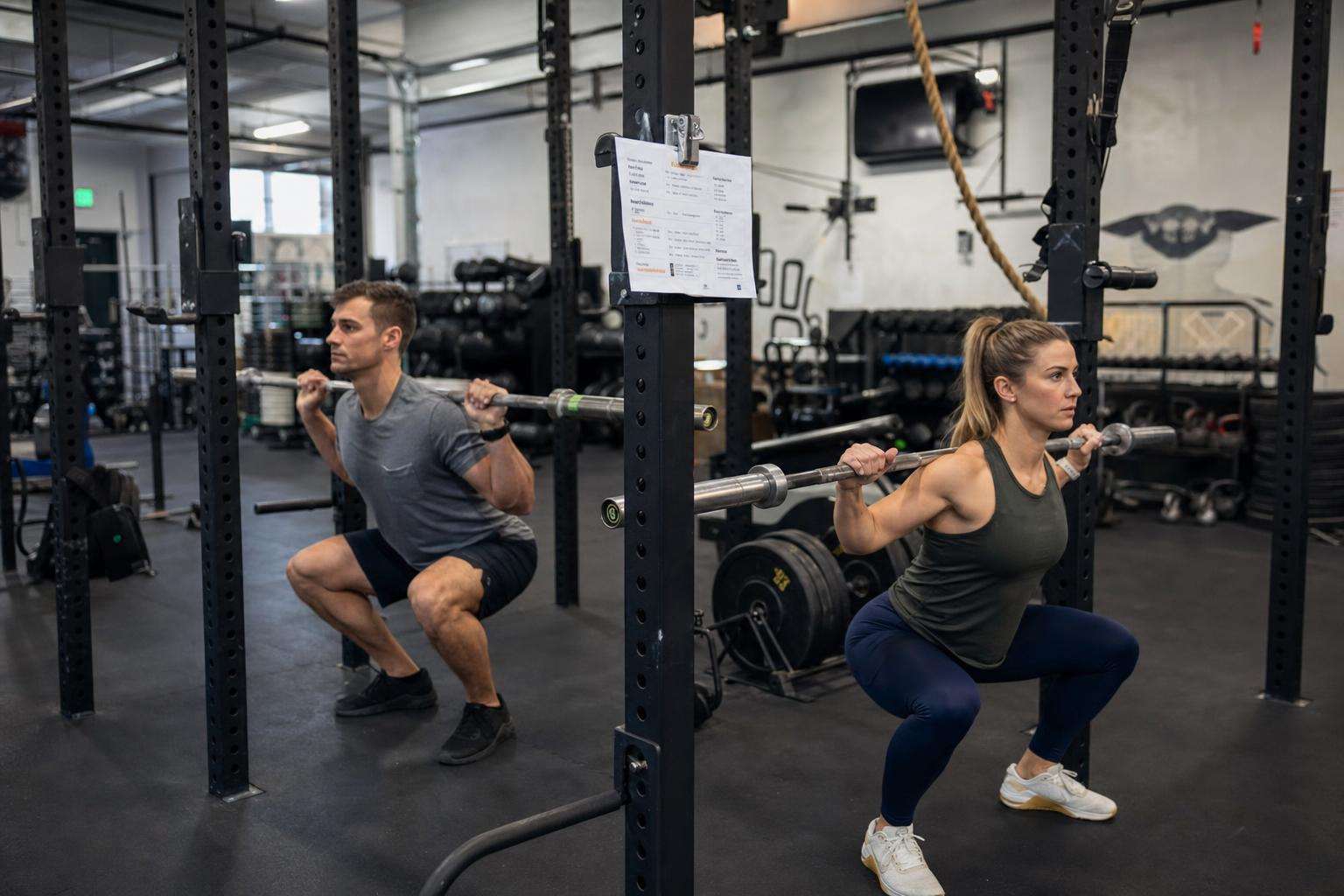 Two sets of dumbbells and a shared training plan notebook, no people