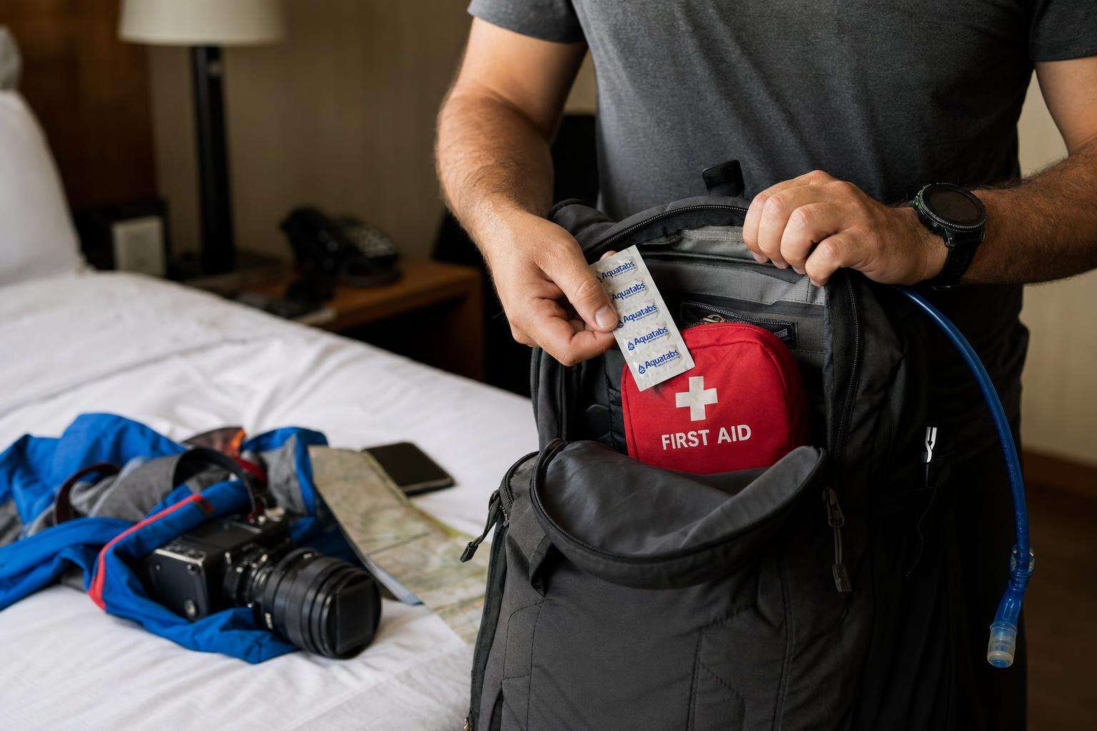 Travel water bottle, hand sanitizer, and first-aid kit items on a map, no people