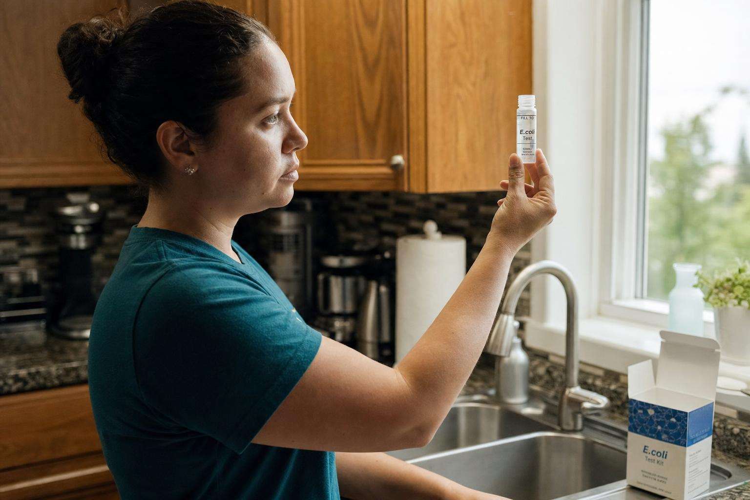 Clear glass of water next to a simple lab sample vial, bright counter, no people