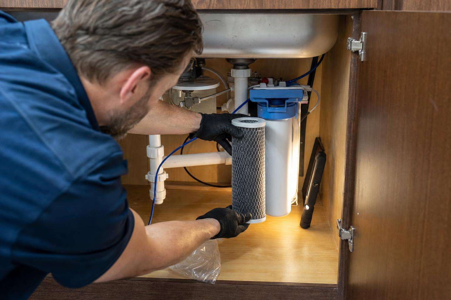 Under-sink reverse osmosis system and carbon cartridges on a clean utility shelf, no people or brands