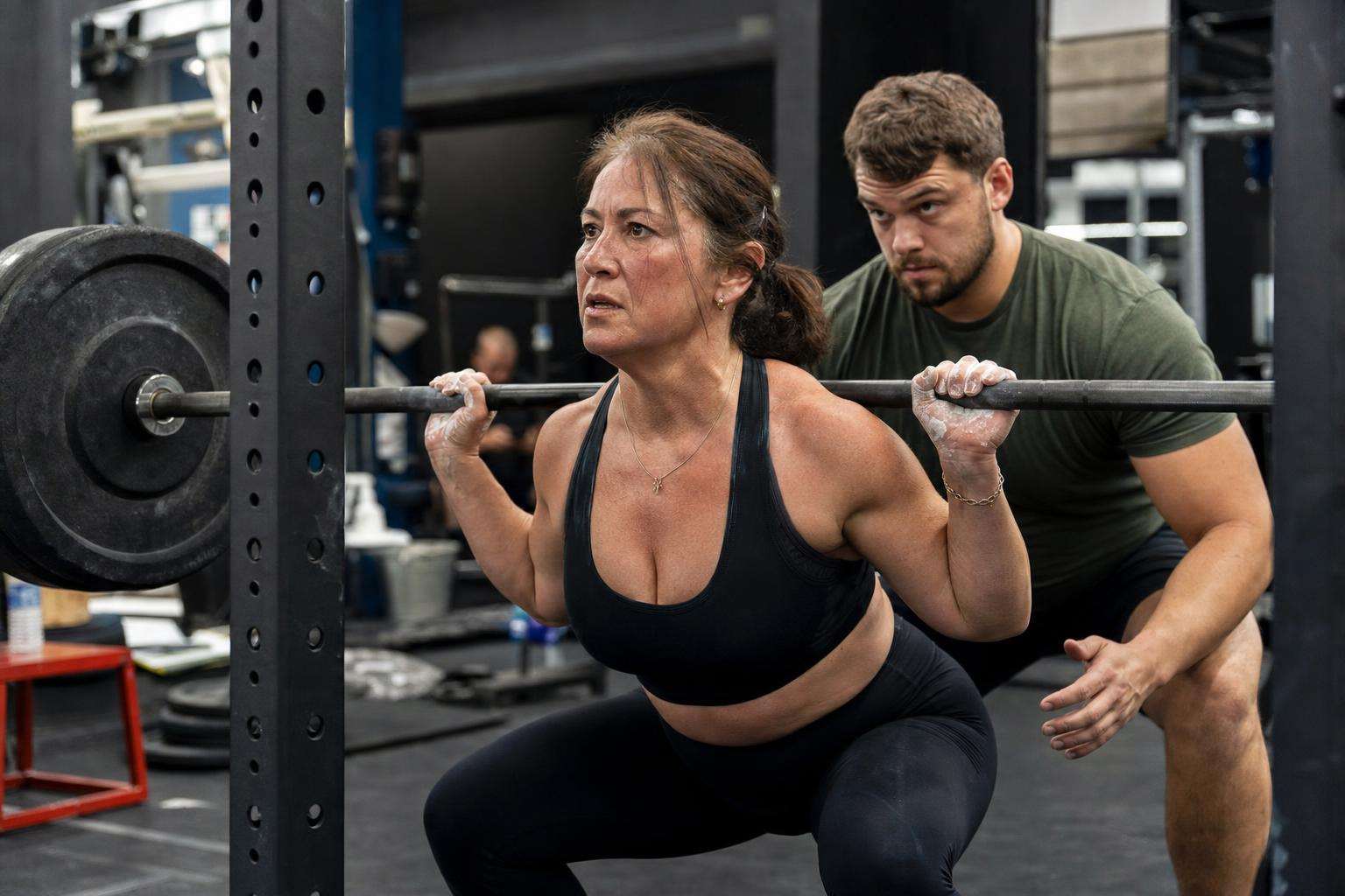 Barbell and weight plates on a gym floor near a water bottle, no people