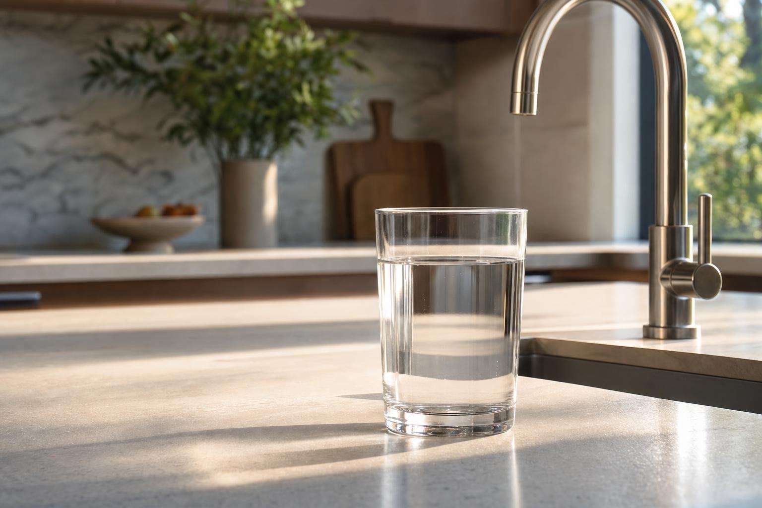 Clear drinking glass of water beside a kitchen faucet with soft daylight, no people