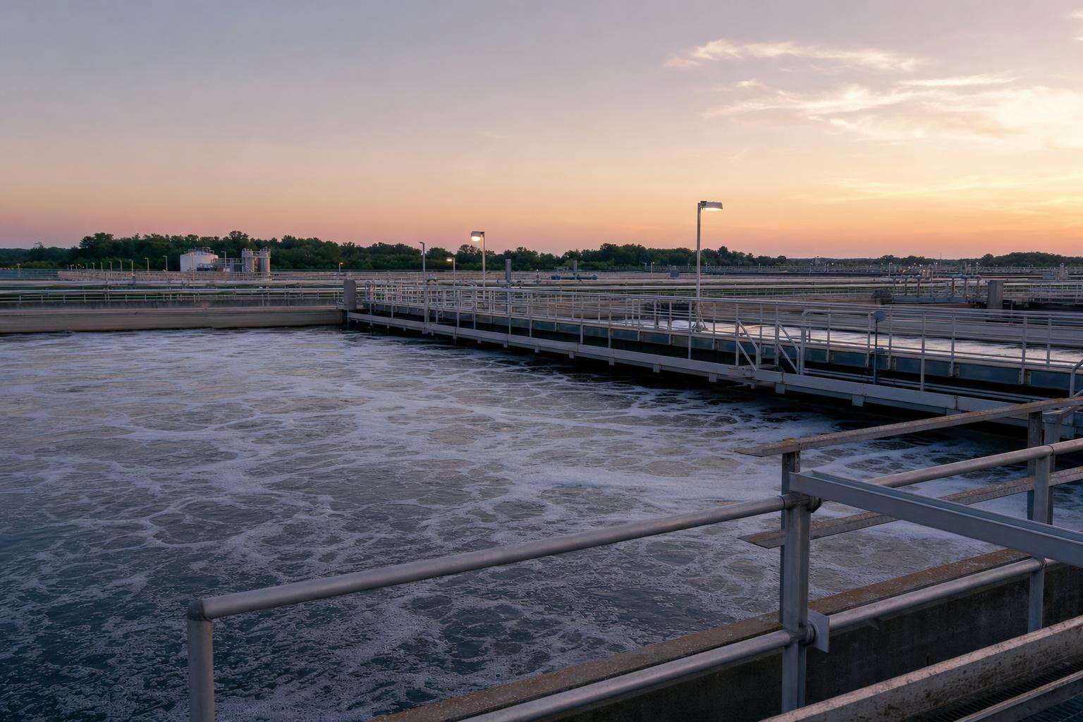 Wastewater treatment plant aeration tanks at dusk, industrial landscape, no people