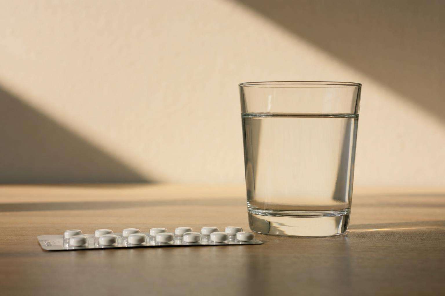 Pill blister pack silhouette next to measuring cylinder of water, conceptual still life, no people