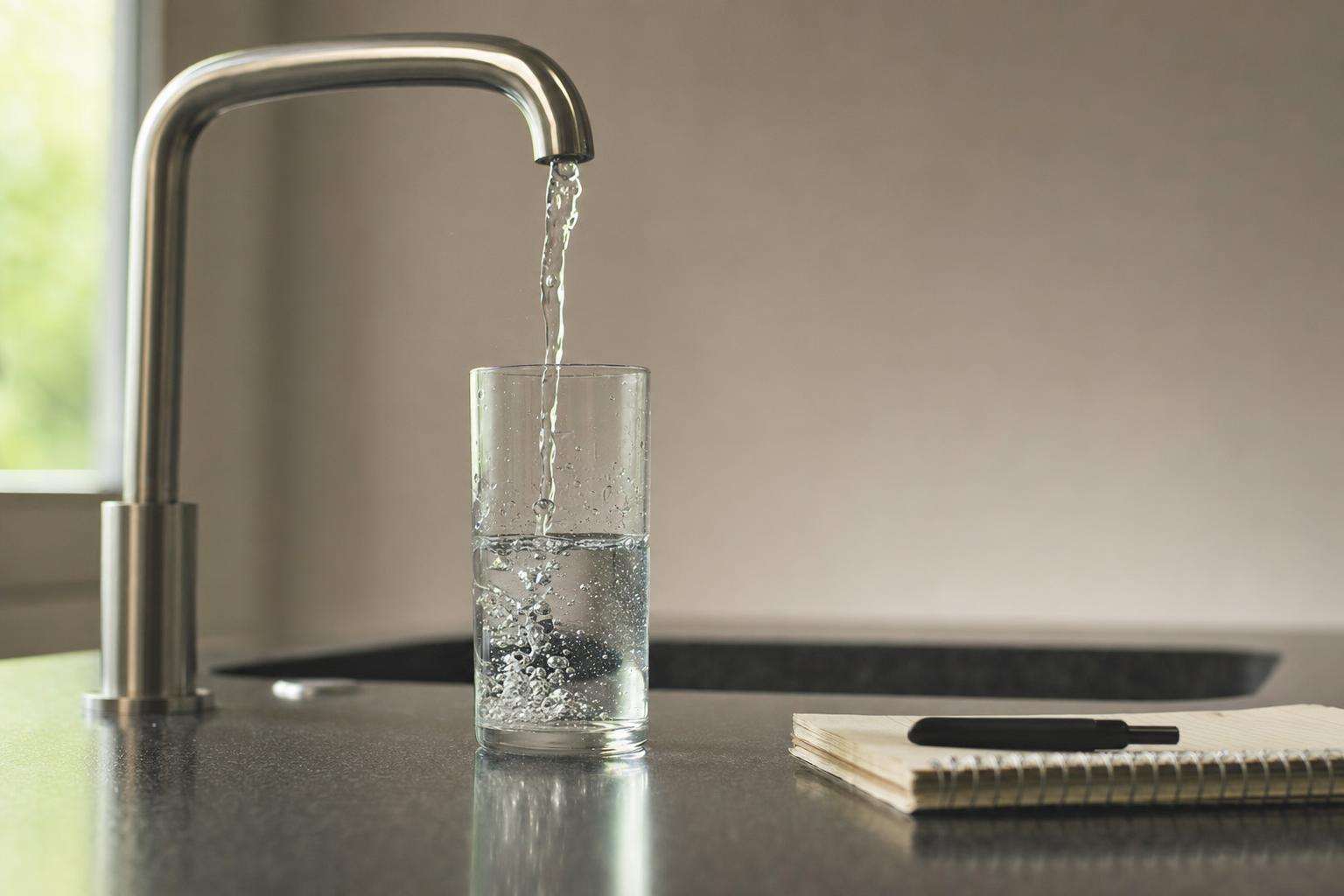 Running faucet and simple male health checklist notebook, soft bathroom light, no people