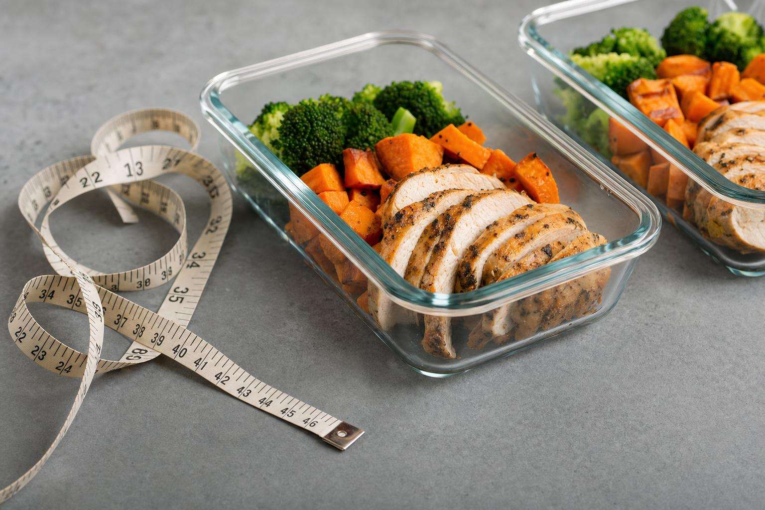 High-protein meal prep containers and measuring tape, no people