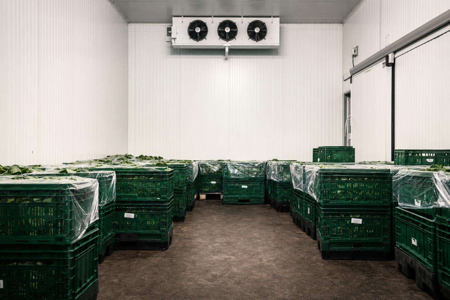 Refrigerated produce crates and packaging materials in soft warehouse light, no people