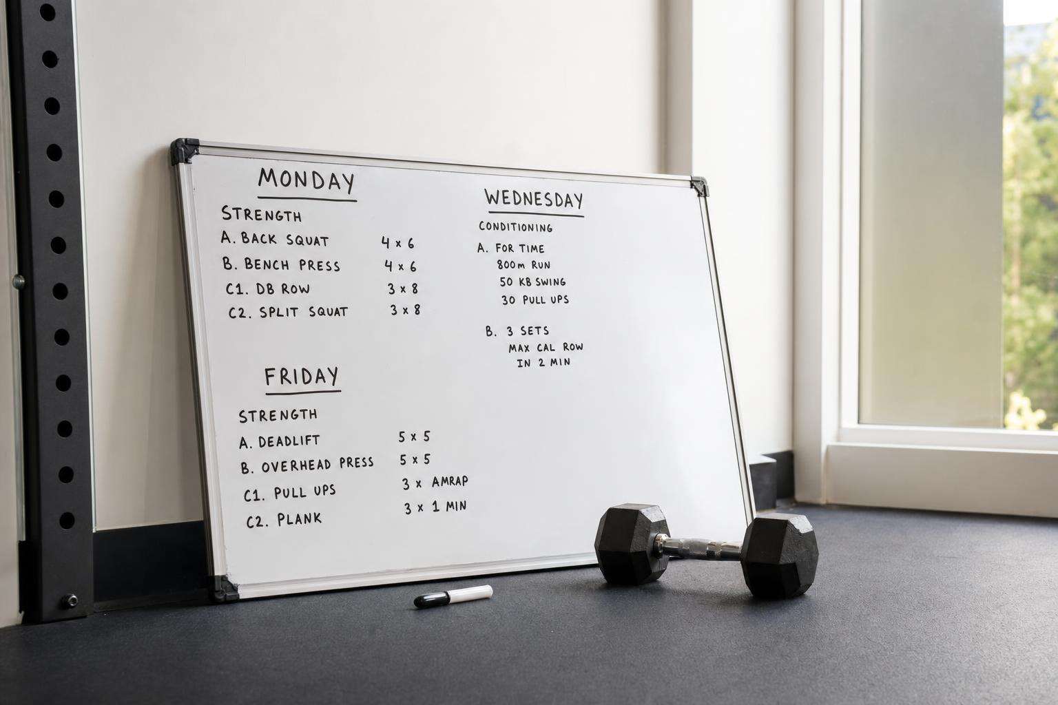 Whiteboard weekly workout split sketch with dumbbell, no people