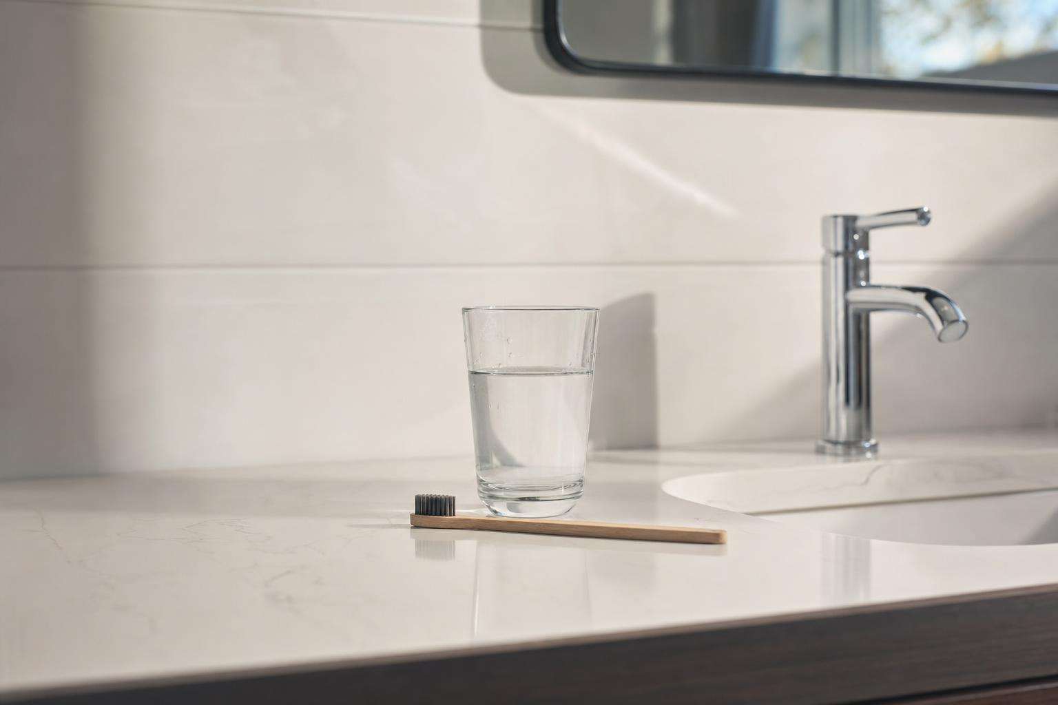 Clear glass of tap water next to a toothbrush on a clean bathroom counter, soft morning light, no people