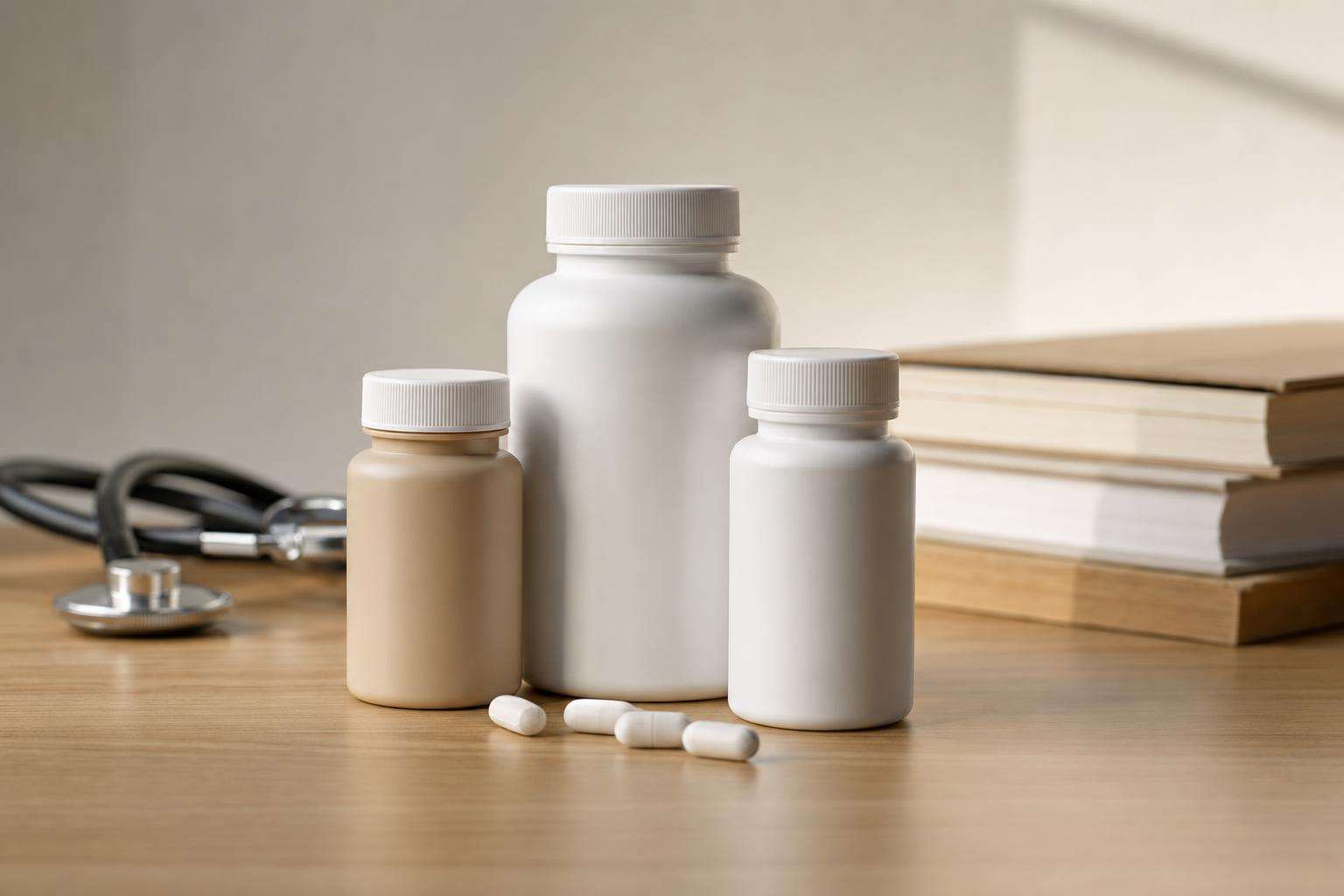 Pill organizer and prescription bottle silhouettes with heart and kidney icons, no people