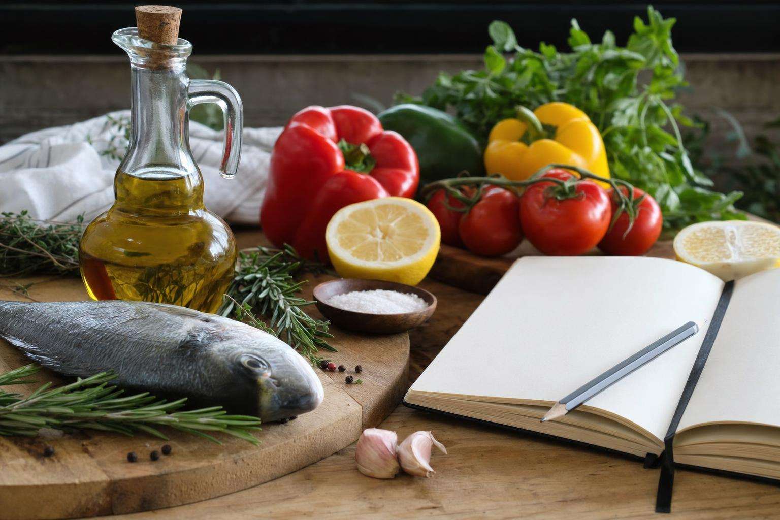 Mediterranean-style meal ingredients and measuring tape on table, no people