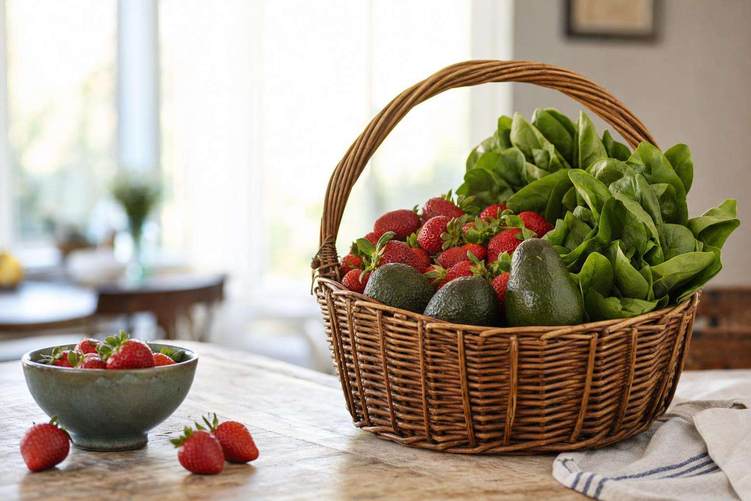 Mixed fresh fruits and vegetables in a grocery basket on a kitchen table, no people