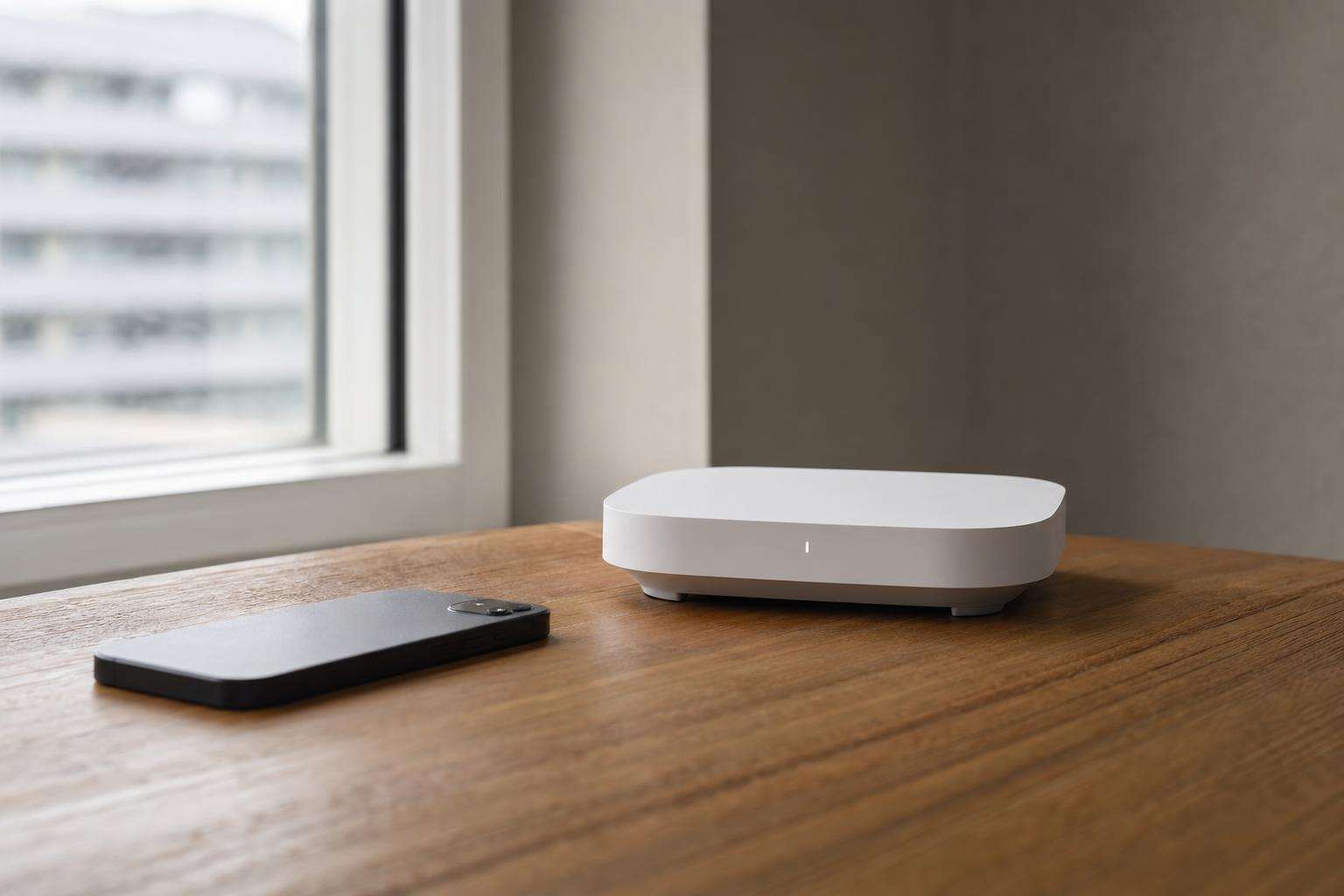 Smartphone and Wi-Fi router silhouette on a desk near a window with soft daylight, no people