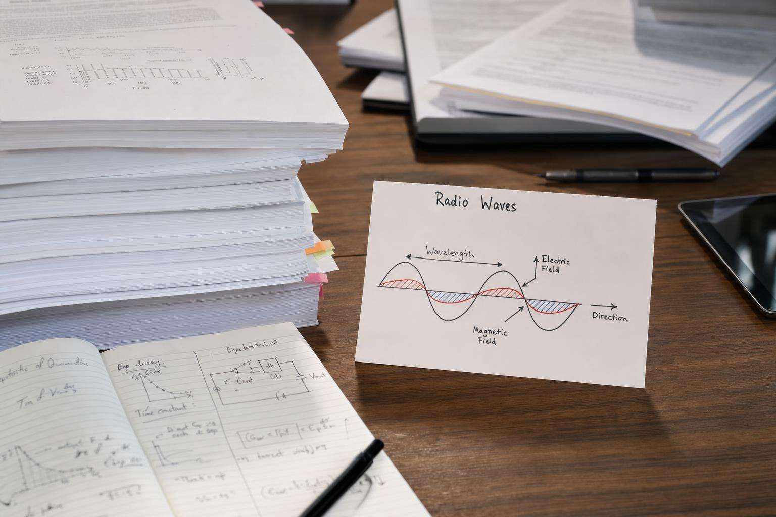 Scientific monograph stack and radio icon silhouette on desk, soft light, no people