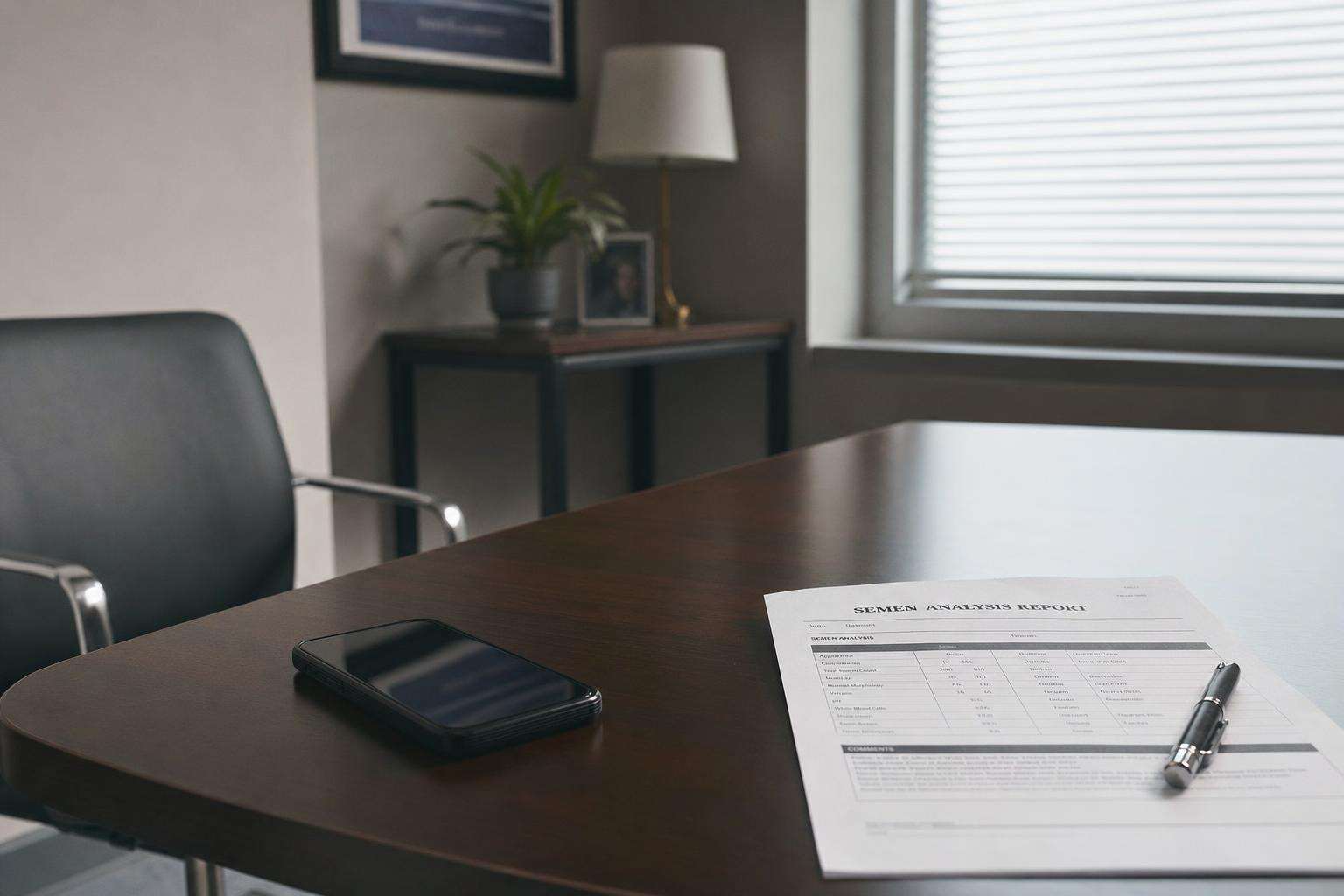 Smartphone resting on a desk away from a chair with men’s health lab report papers nearby