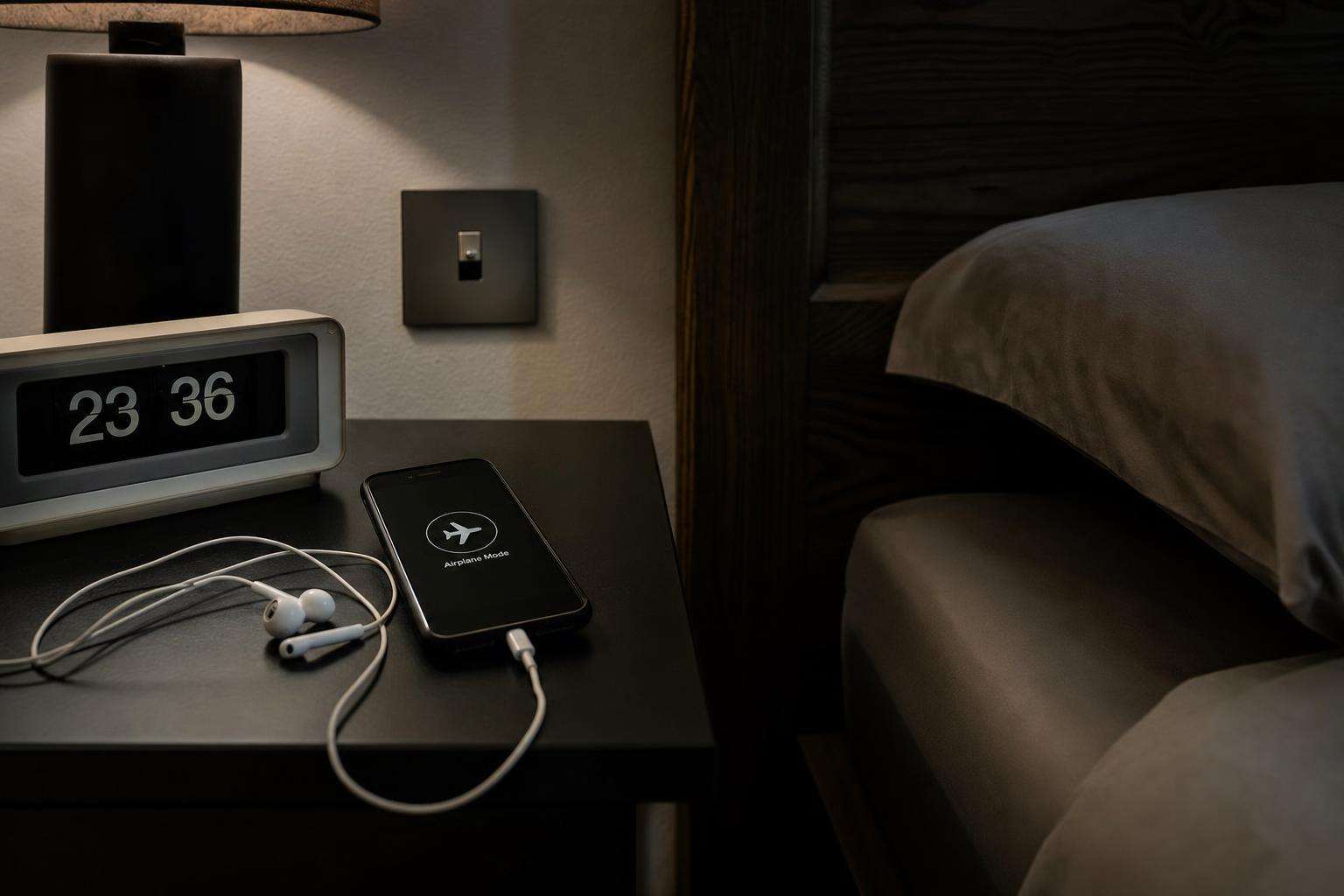 Smartphone on a wooden nightstand in airplane mode beside a wired headset and analog alarm clock