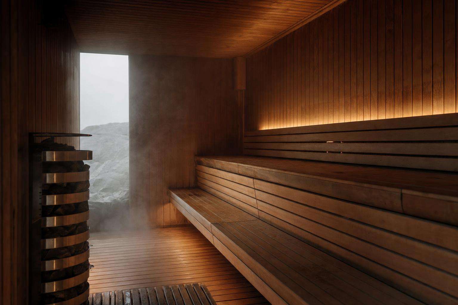 Wooden sauna interior with soft steam light and empty benches, no people
