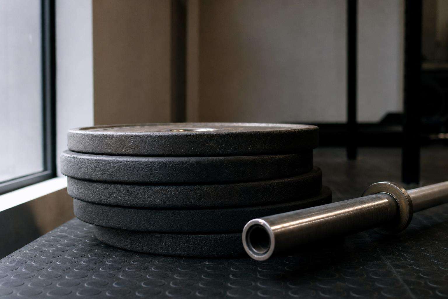 Close editorial view of iron weight plates and a barbell collar on a gym floor