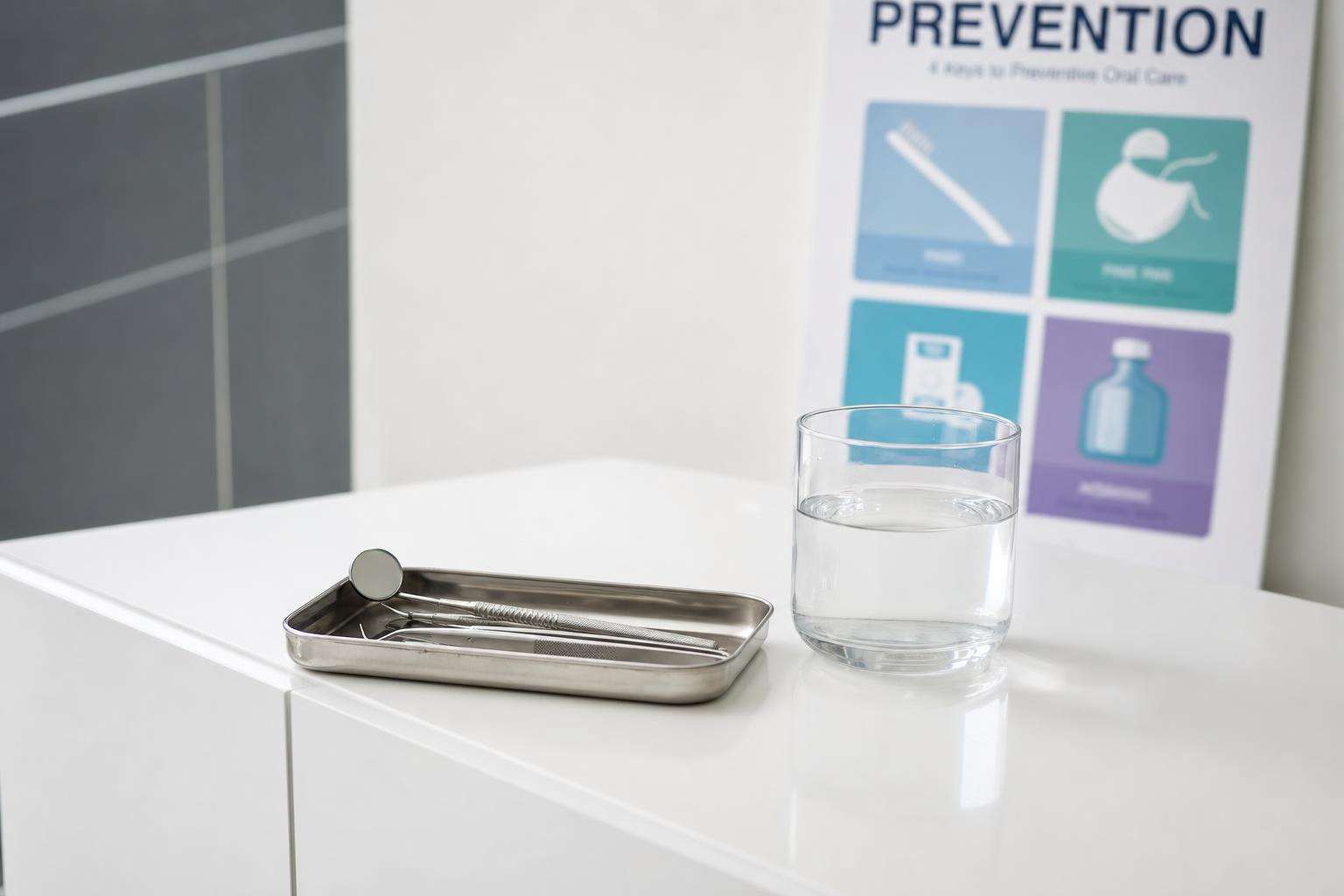 Dental mirror and explorer beside a glass of tap water and a simple cavity-prevention chart