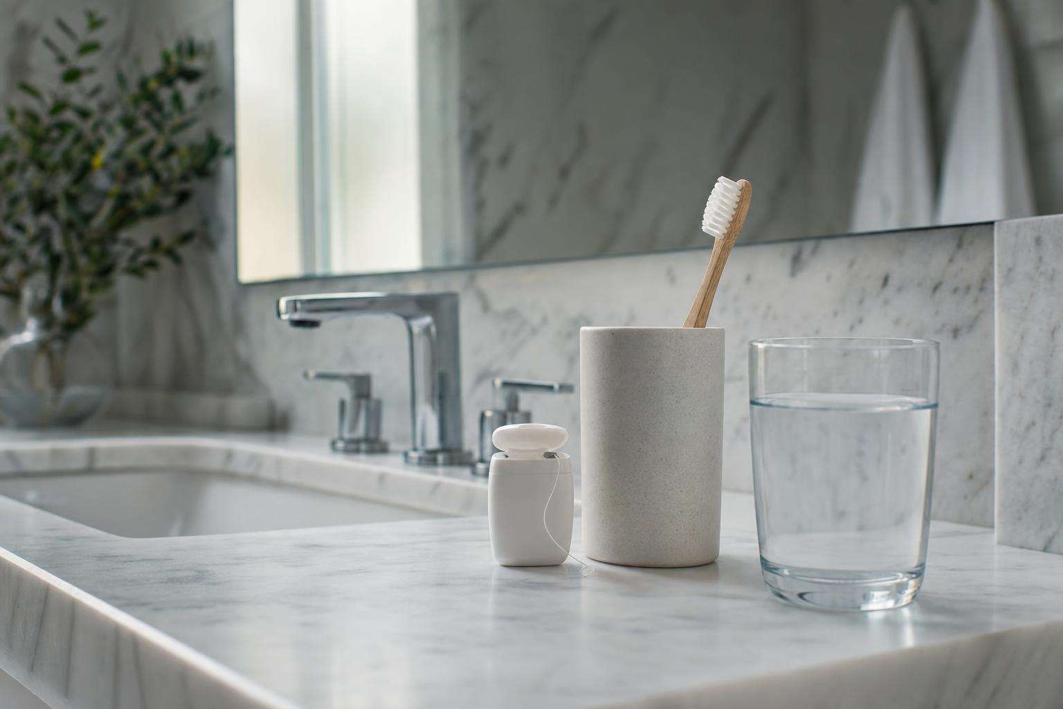 Toothbrush and glass of water on bathroom counter, soft daylight, no people