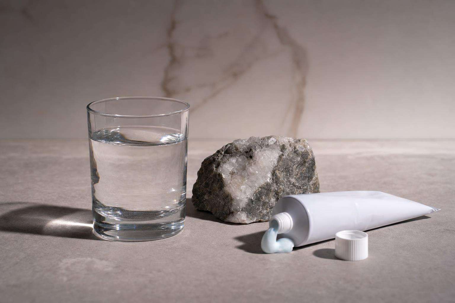 Water glass, toothpaste tube, and mineral sample on lab bench, no people
