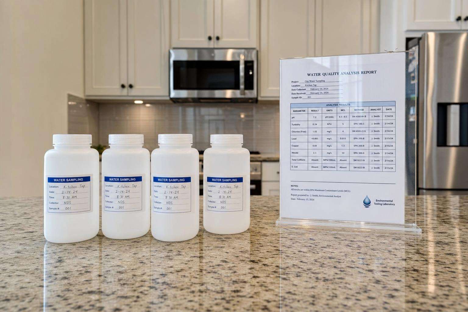 Water sample bottles and home test report on kitchen table, no people