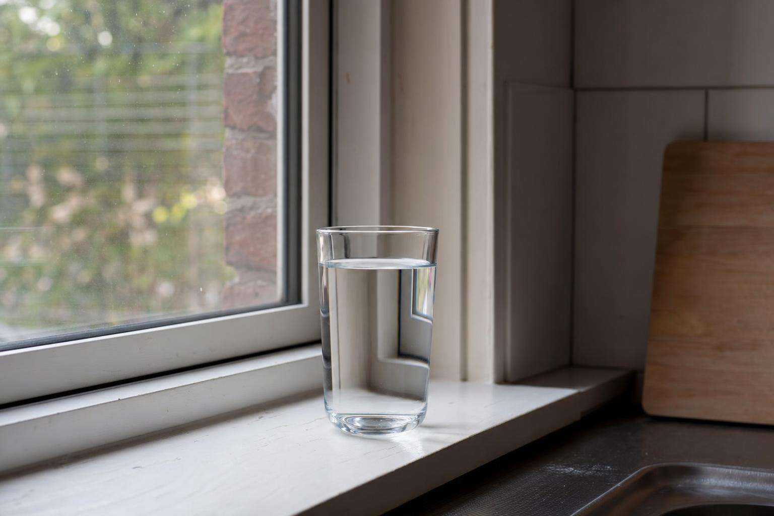 Glass of clear tap water on a windowsill with soft daylight, no people