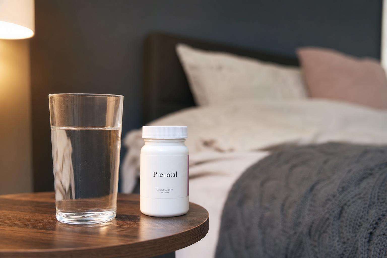 Prenatal vitamin bottle and glass of water on nightstand, soft morning light, no people