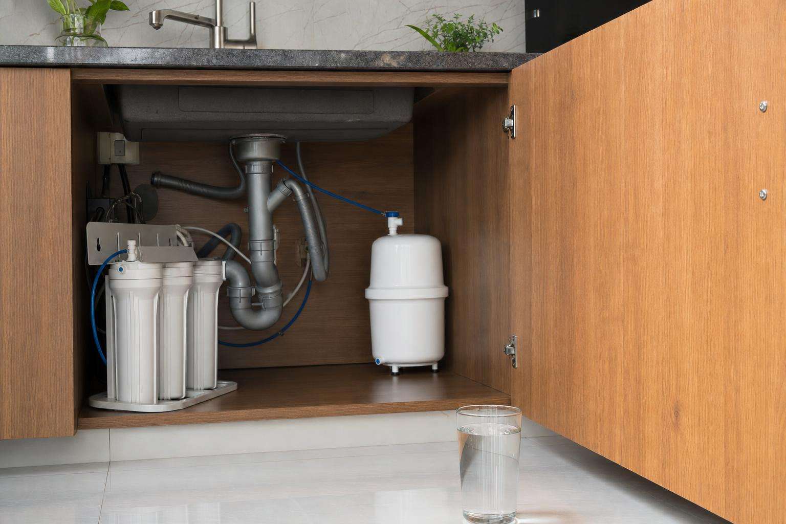 Under-sink reverse osmosis tank and faucet silhouette, clean kitchen, no people