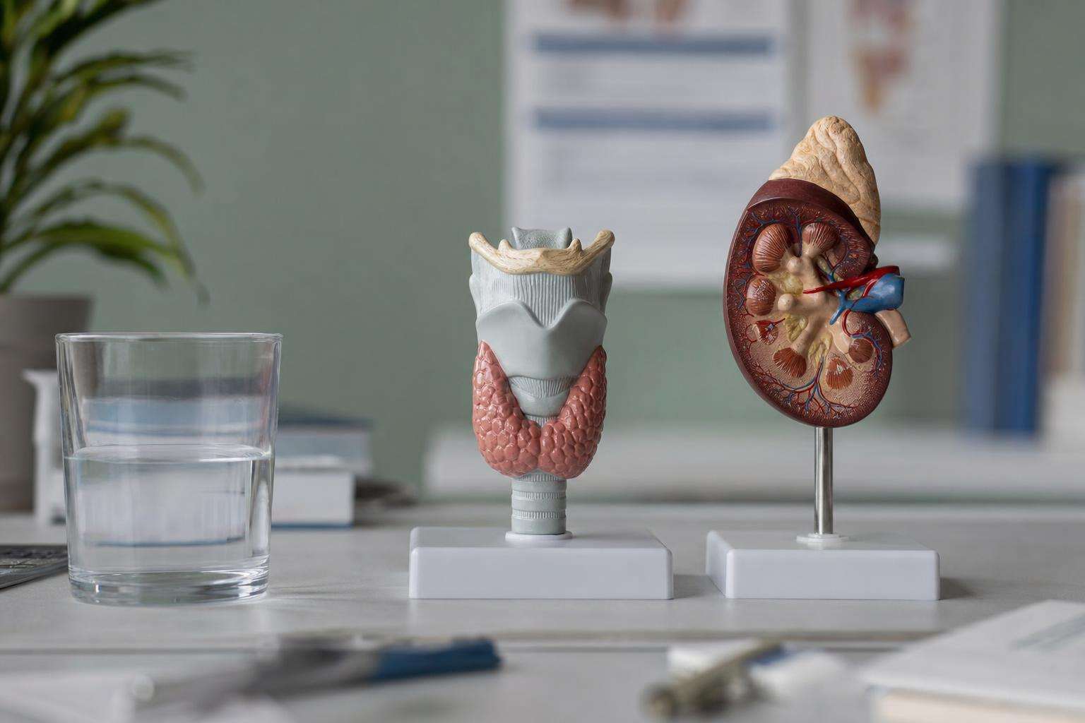 Thyroid anatomy model and kidney model beside water glass, no people