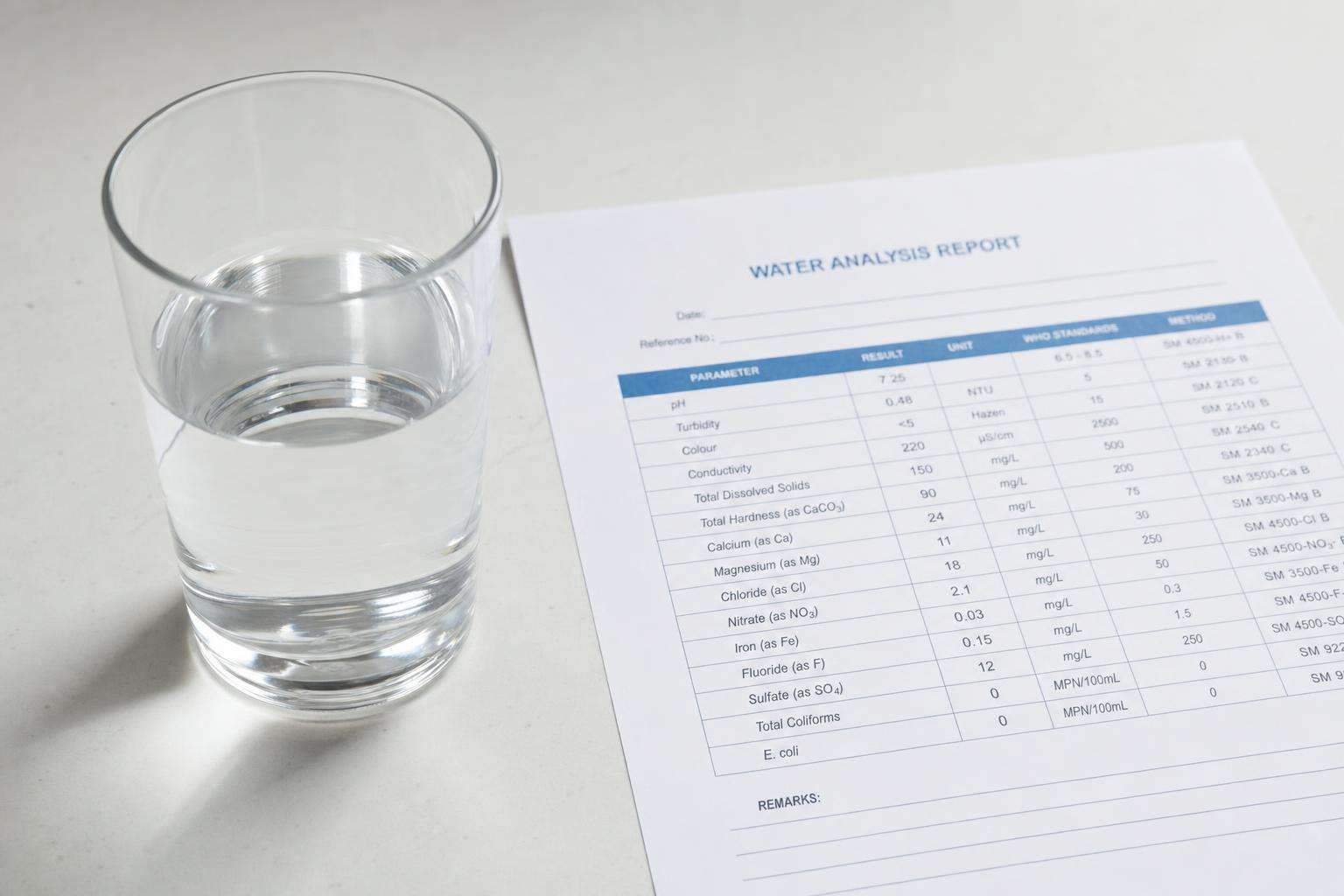 Glass of tap water beside a simple water quality report printout, soft kitchen light, no people
