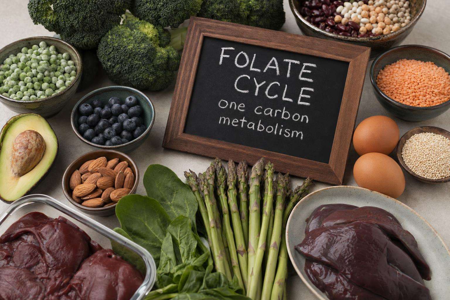 Molecular model and leafy greens on a lab bench suggesting folate metabolism, no people